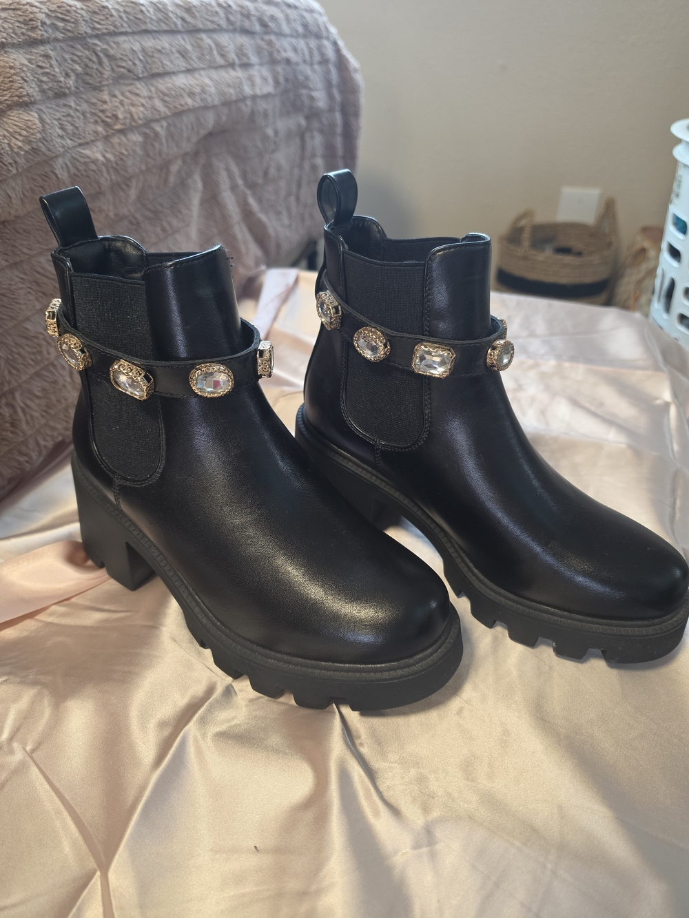 Black Women's Chunky Chelsea Boot with Decorative Jewel Strap